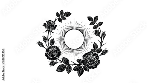 Floral wreath design with roses and a radiant central sunburst element