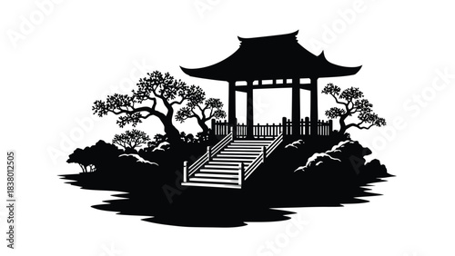 Elegant black silhouette of a traditional japanese garden pavilion and trees