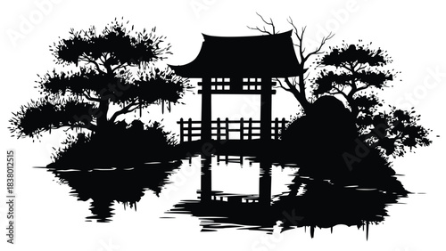 Silhouette of a traditional japanese garden structure with surrounding trees