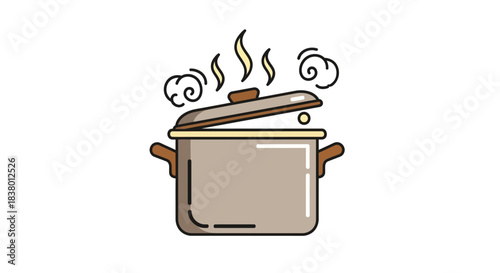 Steaming cooking pot with lid slightly ajar on a white background.