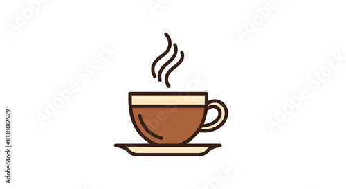 Steaming hot coffee cup on a saucer, simple line art illustration.