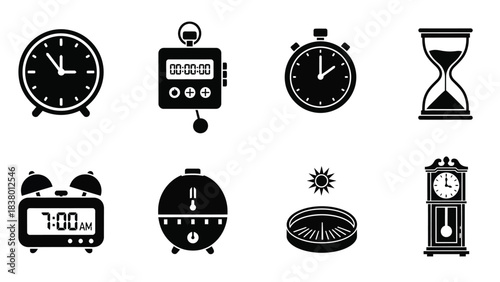 Collection of various timekeeping devices clocks hourglasses and stopwatches