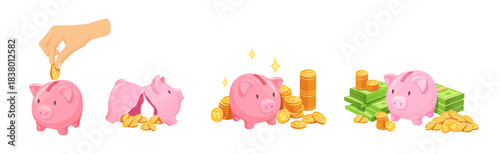 Piggy bank savings. Cartoon piglet jar with gold coin, dollar bill cash hand put coins in pig bank money accumulate financial save profit broken piggybank, neat vector illustration