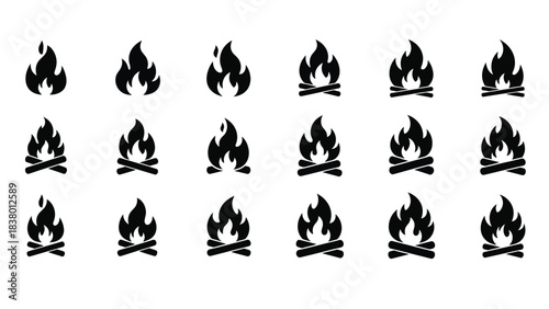 Black and white illustration depicting various stylized campfire designs