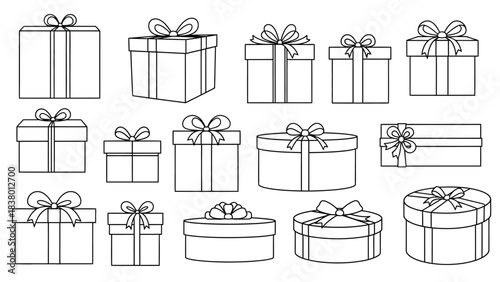 Collection of outlined gift boxes with decorative ribbons and bows