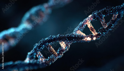 Close up blue biology DNA double helix with spiral structure on dark science background showing detailed genetics medical chromosome concept for scientific biotechnology research