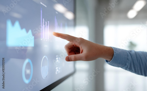 Hand using digital interface touch screen analyzing financial chart and business graph with confident and focused gesture displaying investment data report for future growth and market strategy