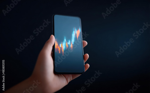 Business hand holding smartphone showing financial trading graph screen with hopeful expression for economic growth and analyzing stock market investment chart on dark background concept
