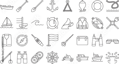 Nautical and boating line art icons including boats anchors life preservers and compass paddle rope