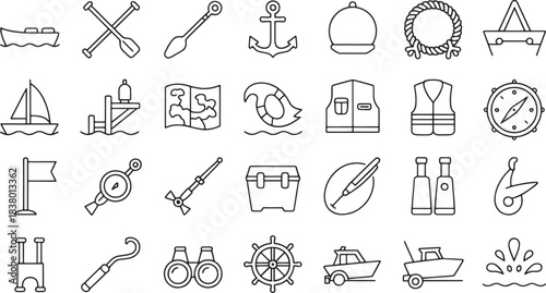 Nautical and boating line art icons set with boats anchors and compass rowing boat sailboat