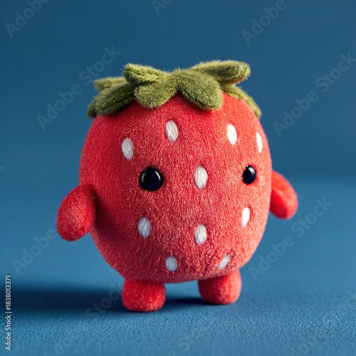 Cute red strawberry plush toy character on blue background