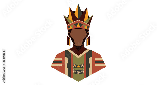 Stylized African King or Queen with Elaborate Crown and Traditional Attire.