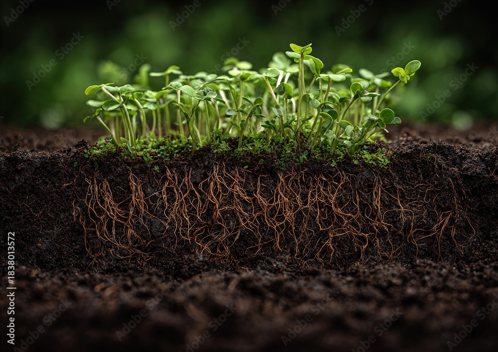 Fototapeta premium Young plants growing with visible roots in rich soil