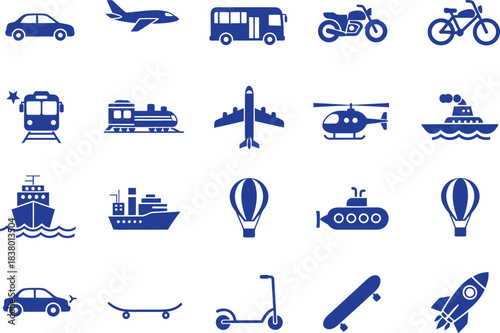 Transportation icons set for travel and logistics airplane motorcycle