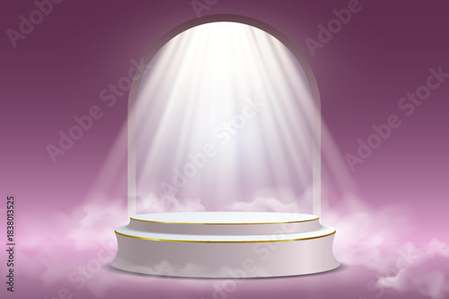 Round podium with light and smoke effect.