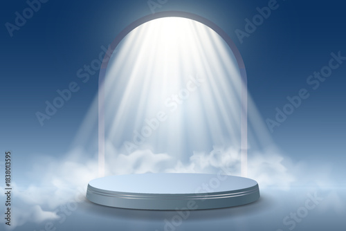 Round podium with light and smoke effect.