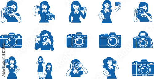 Woman Photographer And Camera Icons In Blue photography