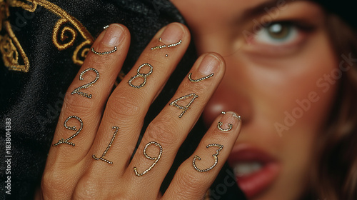 Woman’s Hands with Numerology Rings, Mystic Numbers Jewelry
