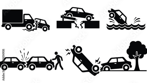 Car accident and crash scenes in black silhouette