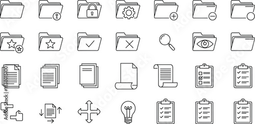 Document and File Management Outline Icons Set, Including Folder, Clipboard, Paper, Lock, Checkmark, Magnifier, View, and Business Vector Stock Illustration