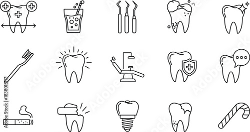Dental Care and Oral Health Outline Icons Set, Including Toothbrush, Implant, Tooth, Decay, Protection, Dentist Tools, Chair, and Sweet Vector Stock Illustration