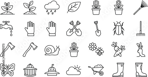 Gardening Outline Icons Set, Including Plant, Seedling, Flower, Rain, Leaf, Tools, Boots, Insect, Snail, and Horticulture Vector Stock Illustration