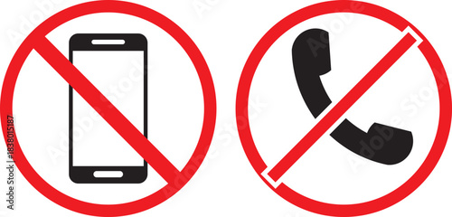 No phone icon set. Warning sign no phone. Turn off phone icon symbol. no phone allowed icon set with red prohibition symbol for signboard and warning design black and read colors, indicates prohibiti