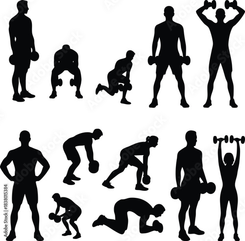 Dumbbell Weightlifting Silhouettes , Workout Silhouettes, vector, illustration.