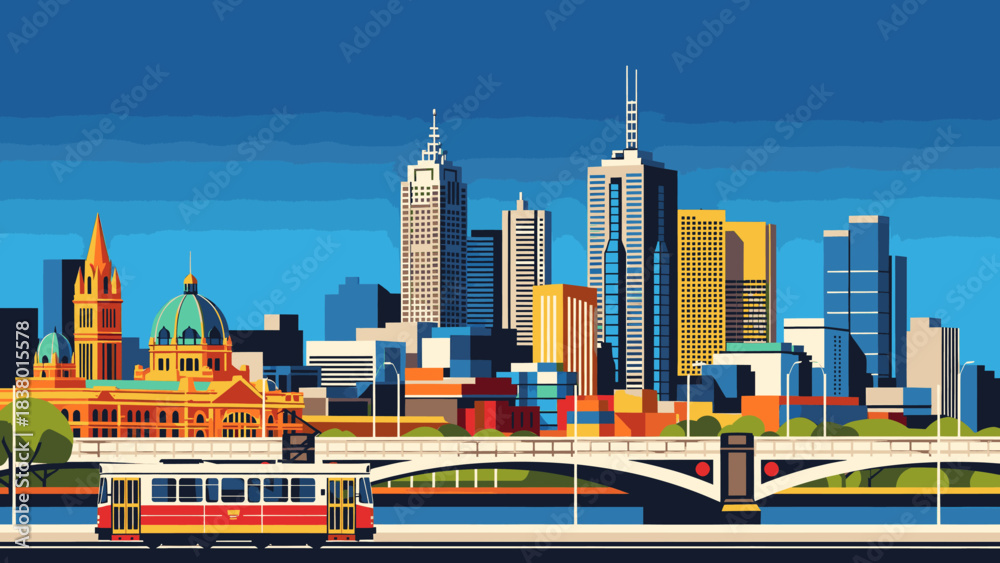 Fototapeta premium Stylized illustration of melbourne city skyline with iconic tram and historic buildings, vibrant blue sky