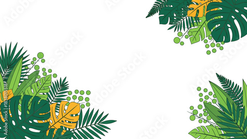 Tropical jungle foliage corner frame with monstera and fern leaf motifs, isolated on white.