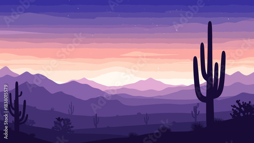 Vibrant desert landscape at twilight with silhouetted saguaro cactus and layered mountains.