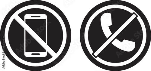 No phone icon set. Warning sign no phone. Turn off phone icon symbol. no phone allowed icon set with red prohibition symbol for signboard and warning design black and read colors, indicates prohibiti