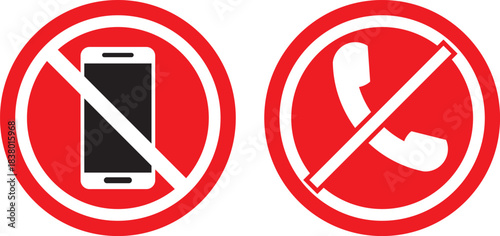 No phone icon set. Warning sign no phone. Turn off phone icon symbol. no phone allowed icon set with red prohibition symbol for signboard and warning design black and read colors, indicates prohibiti