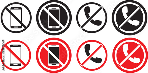 No phone icon set. Warning sign no phone. Turn off phone icon symbol. no phone allowed icon set with red prohibition symbol for signboard and warning design black and read colors, indicates prohibiti