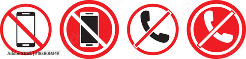 No phone icon set. Warning sign no phone. Turn off phone icon symbol. no phone allowed icon set with red prohibition symbol for signboard and warning design black and read colors, indicates prohibiti