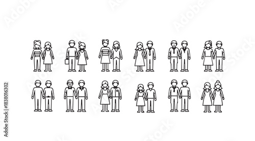 Collection of diverse couple silhouettes in a minimalist sketch style silhouette