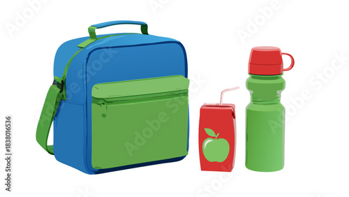 Blue and green lunchbox with juice box and water bottle for school or travel with a plain background for easy use
