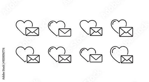 Eight heart and envelope icons in a simple outline silhouette style