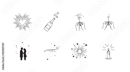 Collection of eight intricate line art illustrations in silhouette style featuring abstract designs and romantic couple silhouette