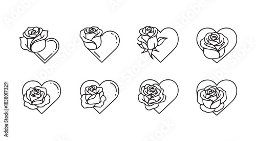 Collection of eight unique heart and rose line art silhouette designs