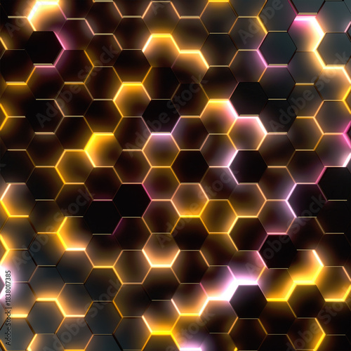 An elegant background of hexagons illuminated by golden and purple neon lights. 3d rendering