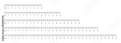 Ruler scale 10, 15, 20, 25, 30 centimeters with numbers set. Measuring chart with 100, 150, 200, 250, 300 mm. Ruler scale, sewing tool template. Length measurement height, distance, math.