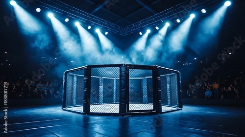 Illuminated mma fighting cage arena under dramatic stage lights

