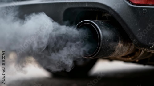 Exhaust smoke billowing from car tailpipe exhaust pipe emitting white smoke closeup vehicle emission pollution gray smoke muffler asphalt