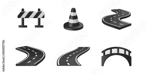 Road construction icons barrier cone curved road bridge isolated