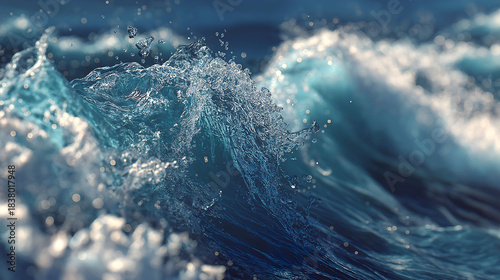Fototapeta Naklejka Na Ścianę i Meble -  Close-up of crashing wave on World Oceans Day with detailed splash and dynamic lighting