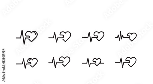 Eight heart electrocardiogram line art silhouette icons representing health and life