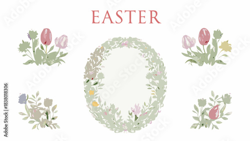 Elegant easter floral wreath and decorative elements featuring soft pastel tulips and leaves on a white background