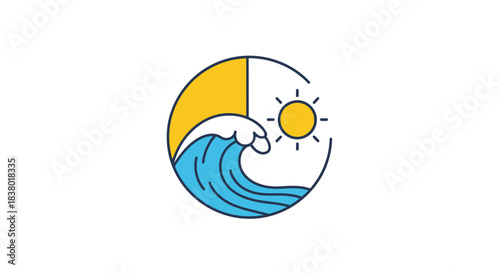 Stylized Sun and Wave Icon Representing Summer and Ocean.