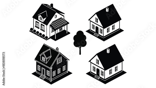 Modern homes with solar panel and tree